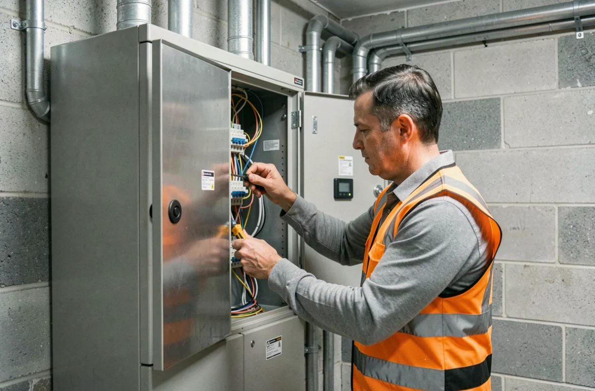 Électricien d'ABS Électricité sécurisant les câblages dans un tableau électrique commercial en Finistère