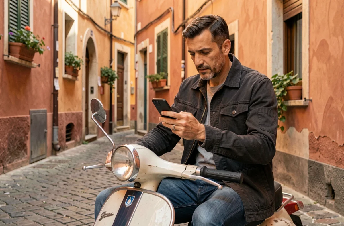 Homme consultant une annonce moto italienne sur son smartphone assis sur un scooter vintage dans une rue pavée italienne