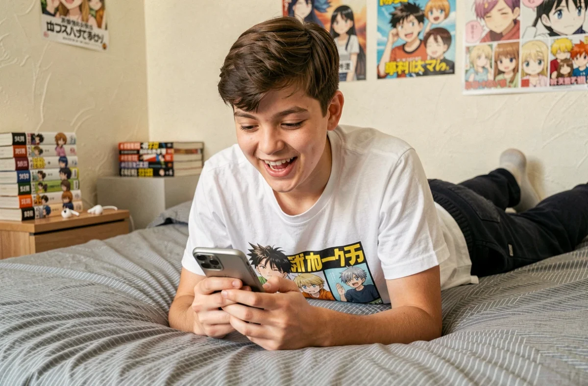 Adolescent lisant un nouveau chapitre manga sur smartphone allongé sur son lit entouré de volumes et posters
