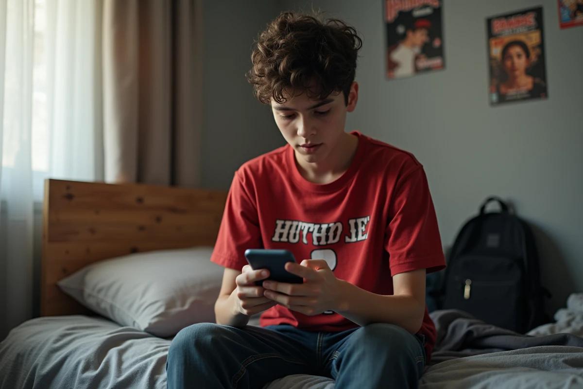 Adolescent lisant des scans One Piece sur smartphone dans sa chambre avec des posters de manga au mur