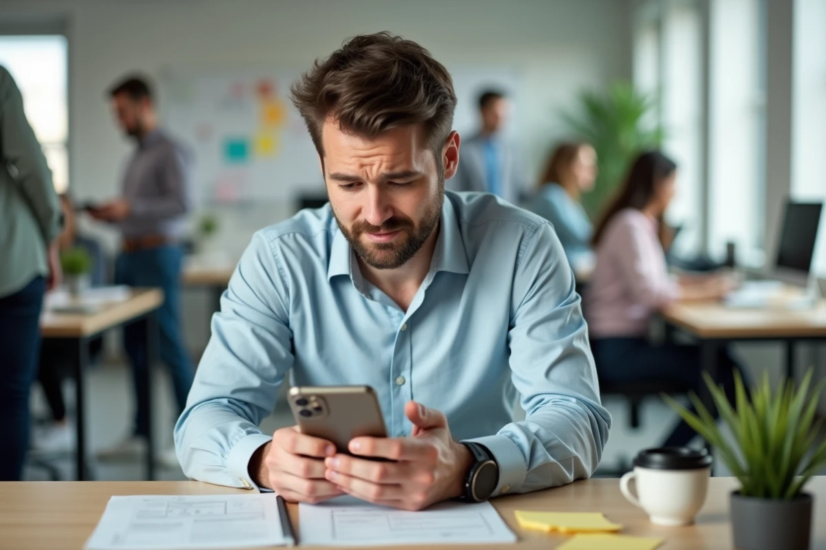 Homme adulte perplexe face à l'argot des jeunes générations en regardant son téléphone dans un bureau moderne