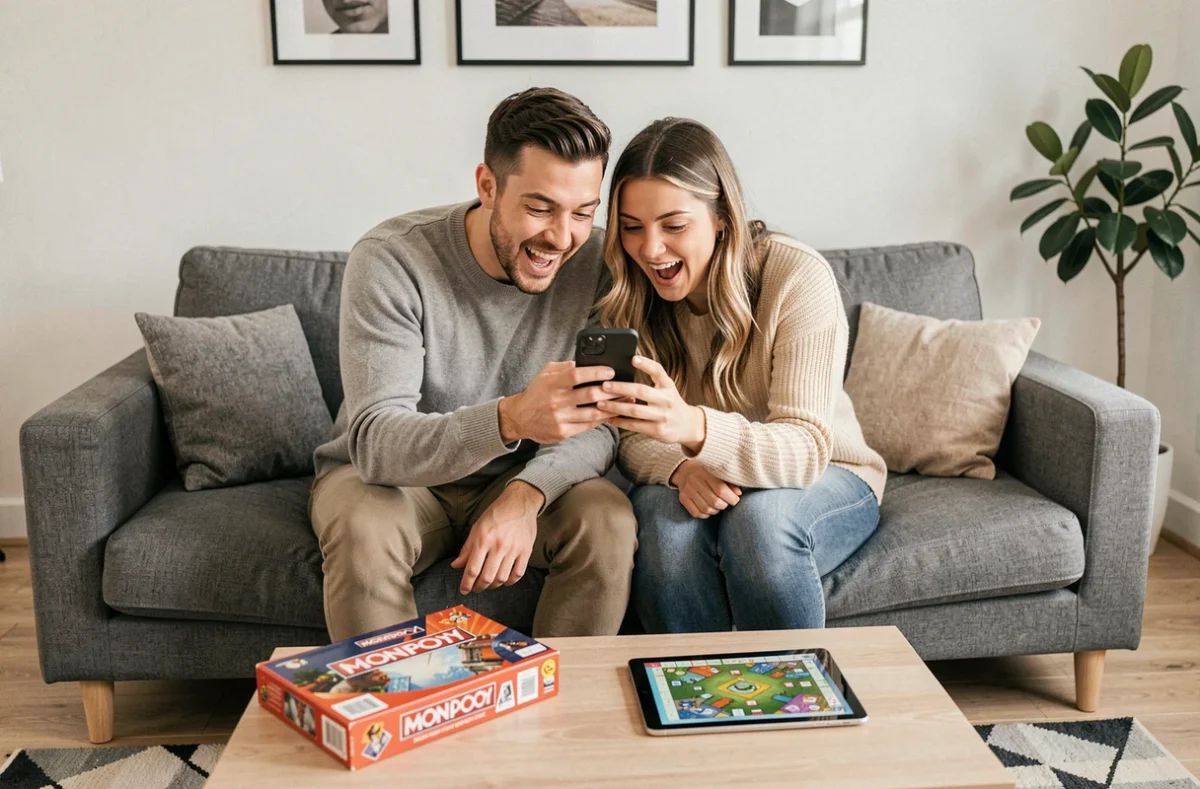 Deux amis partageant des liens de dés gratuits Monopoly GO sur canapé avec plateau de jeu