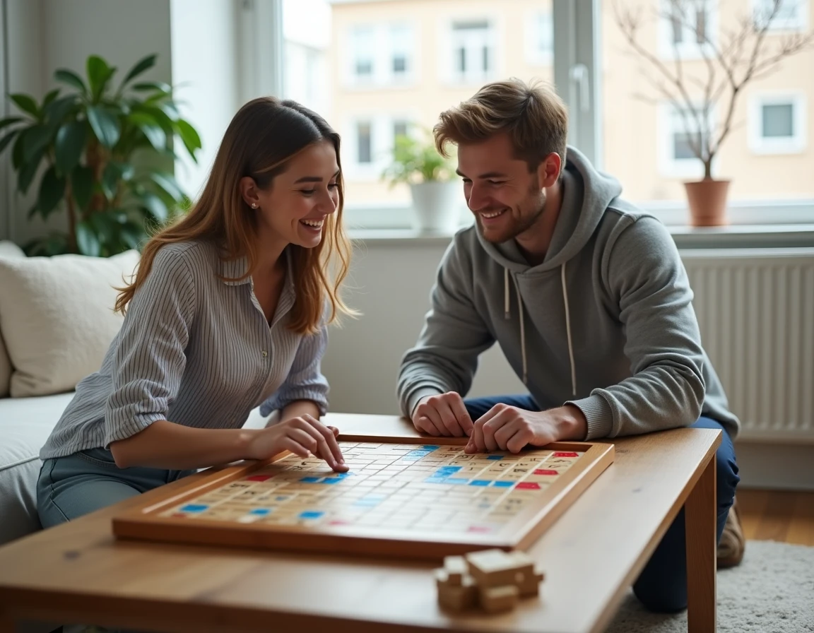Deux amis en train de débattre d'un mot au Scrabble autour d'un plateau de jeu dans un salon scandinave