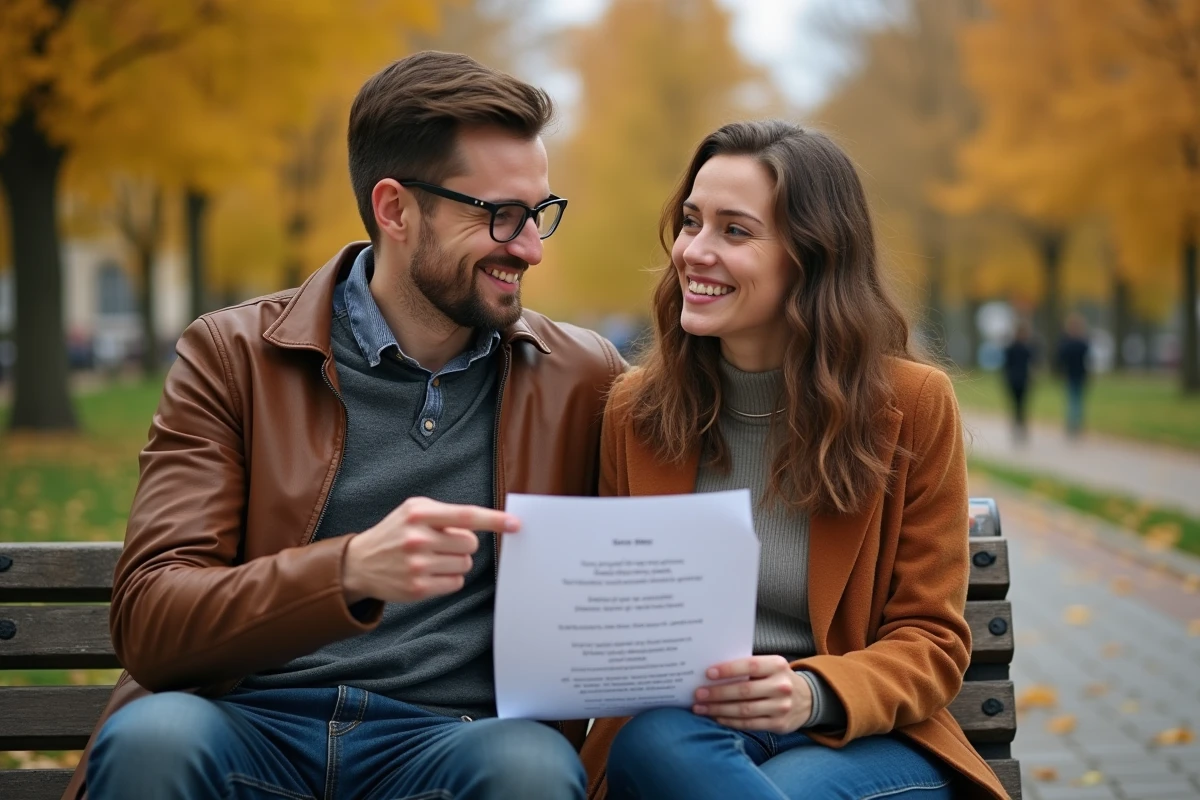 Deux amis apprenant ensemble les paroles simplifiées d'une chanson de Renaud dans un parc en automne