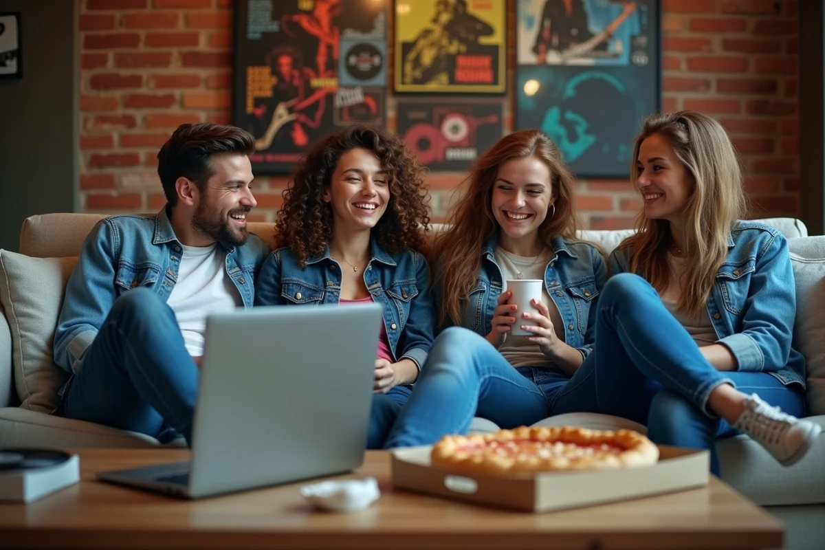 Groupe d'amis en salon avec vinyles et radio rock