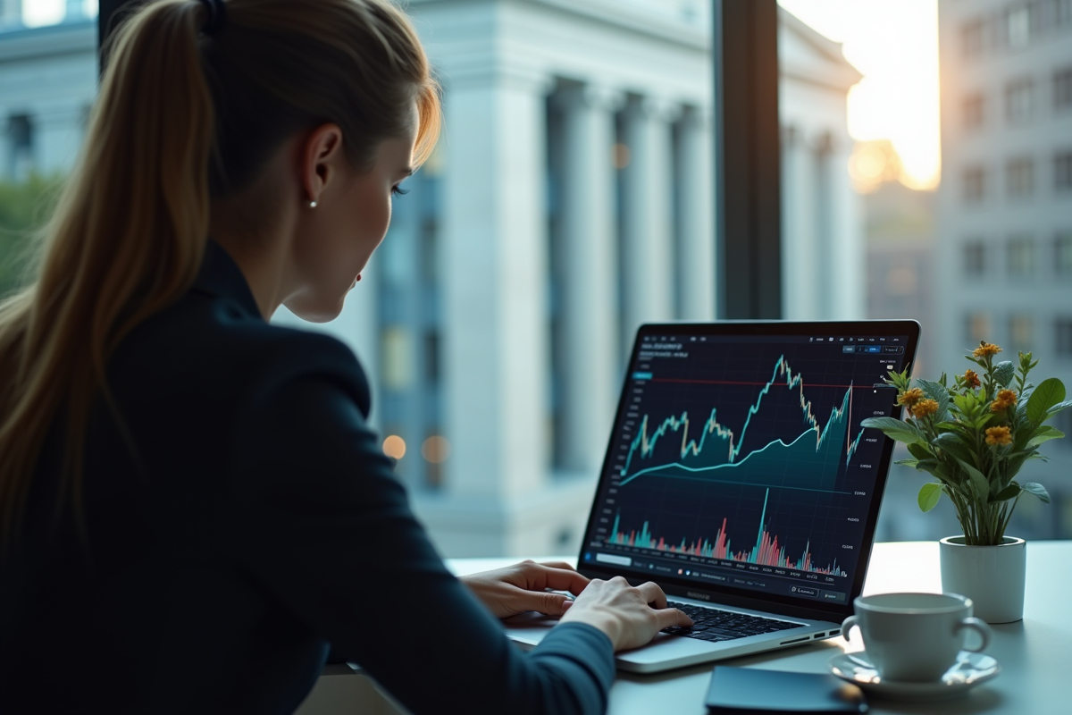 Femme d'affaires analysant un graphique financier sur son ordinateur avec la BCE en arrière-plan