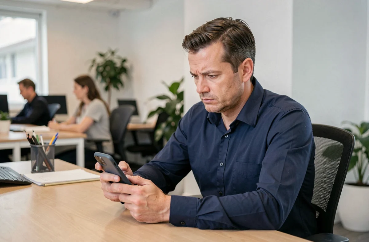 Homme en bureau regardant avec méfiance un appel téléphonique non sollicité sur son téléphone