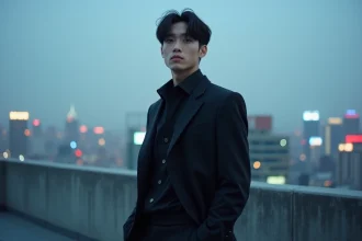 Jeune artiste masculin coréen en tenue streetwear noire sur un rooftop urbain de Séoul, illustrant l'univers de la K-pop moderne