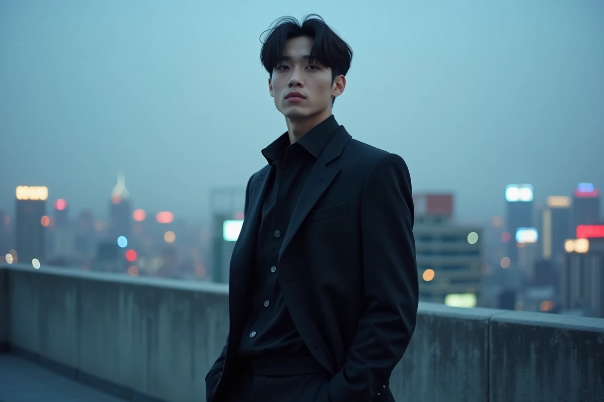 Jeune artiste masculin coréen en tenue streetwear noire sur un rooftop urbain de Séoul, illustrant l'univers de la K-pop moderne