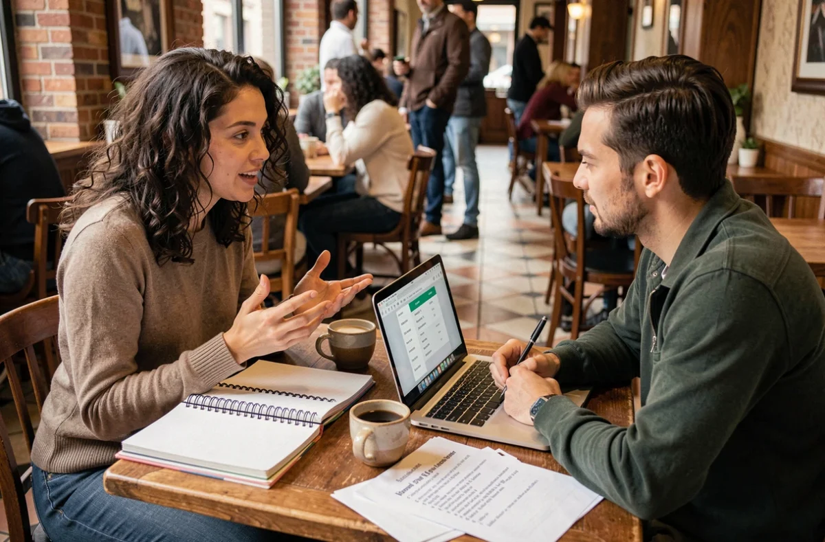 Deux auteurs discutant de la longueur et de la structure de leur roman en actes dans un café avec notes et ordinateur portable