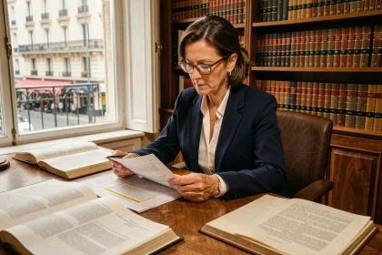 Avocate étudiant un arrêt de la Cour de cassation dans un cabinet juridique parisien
