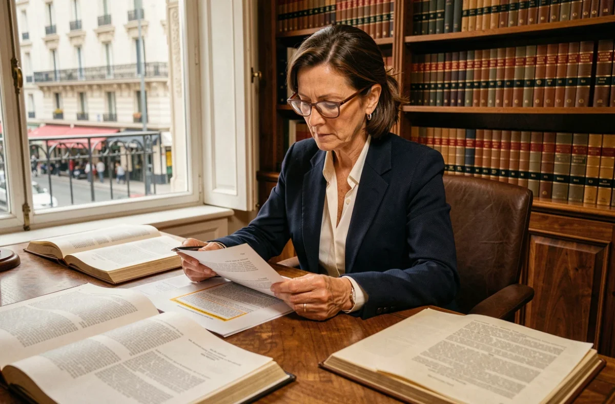 Avocate étudiant un arrêt de la Cour de cassation dans un cabinet juridique parisien