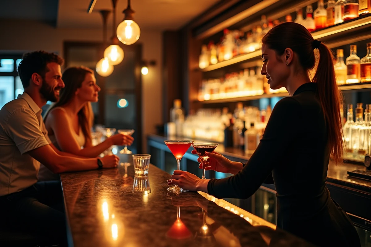 Barman préparant des cocktails au comptoir d'un bar élégant dans une boîte de nuit à Lille
