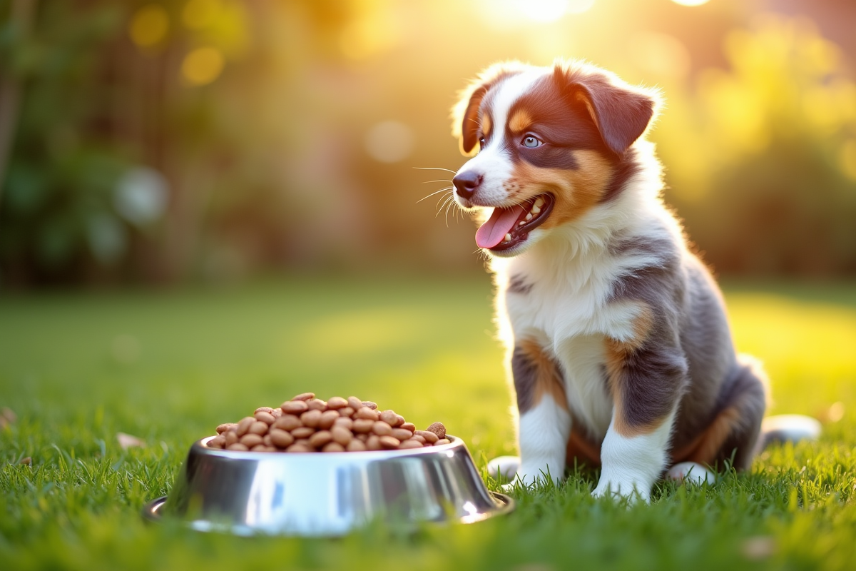 Bébé Australian Shepherd près d’un bol de nourriture dans un jardin ensoleillé