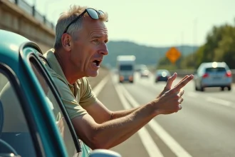 Automobiliste de type 'beauf' penché à la fenêtre de sa voiture sur une aire d'autoroute française, gesticulant et criant des répliques typiques