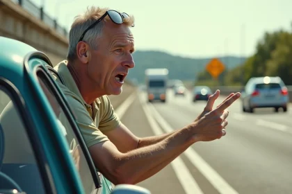 Automobiliste de type 'beauf' penché à la fenêtre de sa voiture sur une aire d'autoroute française, gesticulant et criant des répliques typiques