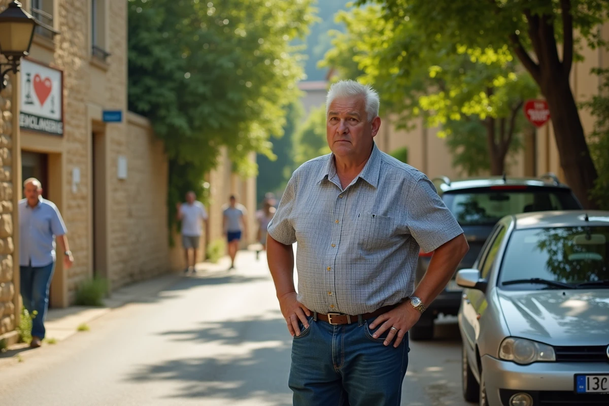 Homme d'âge mûr typique debout près de sa voiture dans un parking de village français, commentant la conduite des autres avec une expression agacée