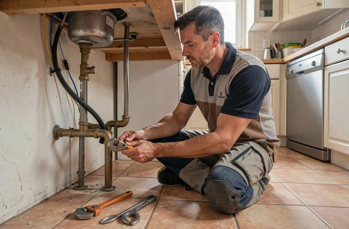 Artisan de BFPV Plomberie Électricité travaillant sous un évier sur des canalisations et câbles électriques