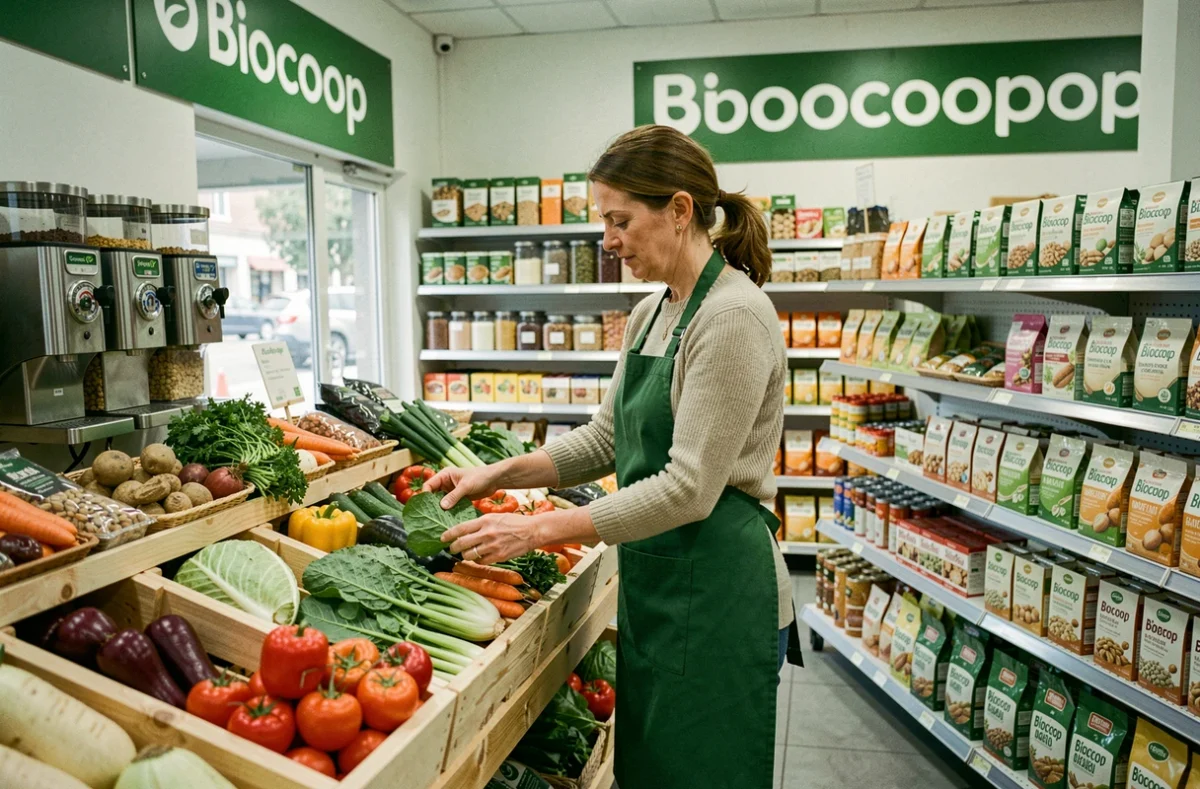 Employée d'un magasin Biocoop Bio en Artois à Arras arrangeant des légumes biologiques sur un présentoir en bois