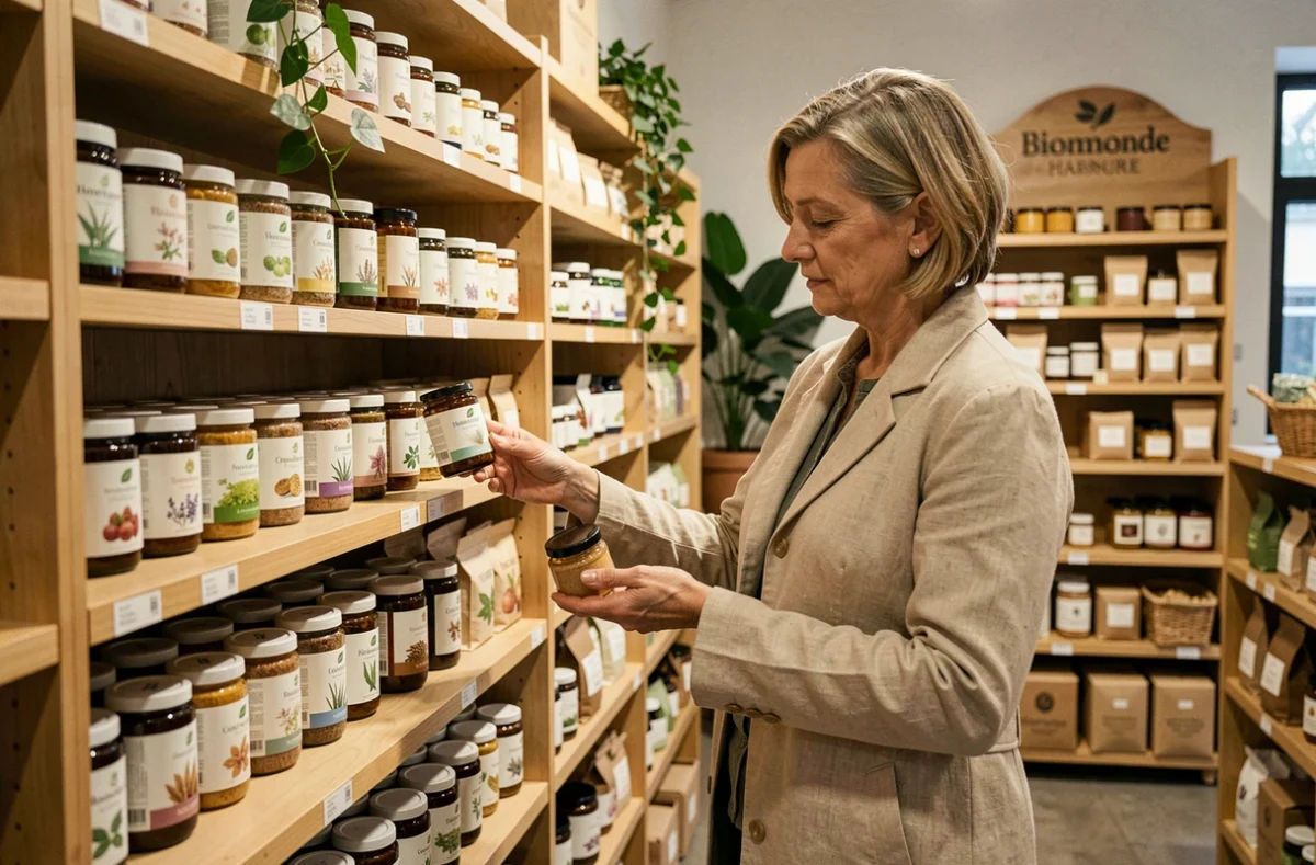 Cliente parcourant les produits bio et cosmétiques naturels chez Biomonde Harmonie Nature à Lille