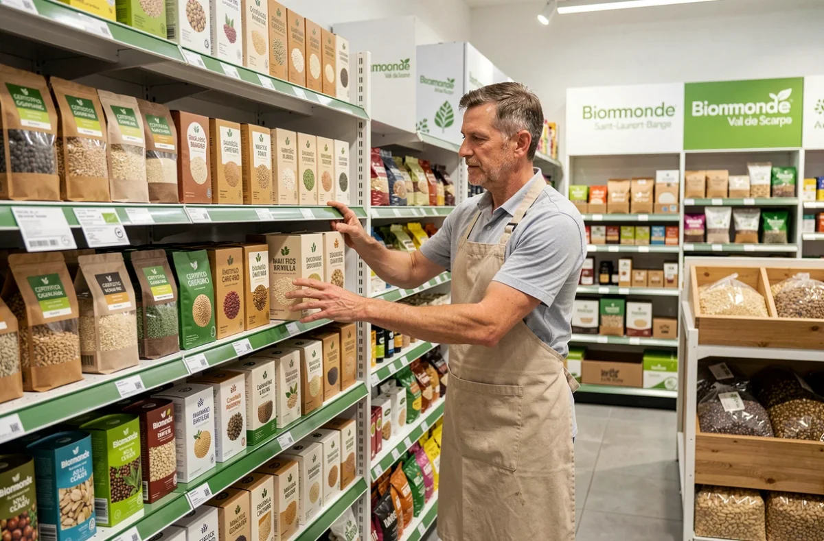 Employé réapprovisionnant les rayons de produits biologiques certifiés chez Biomonde Val de Scarpe à Saint-Laurent-Blangy