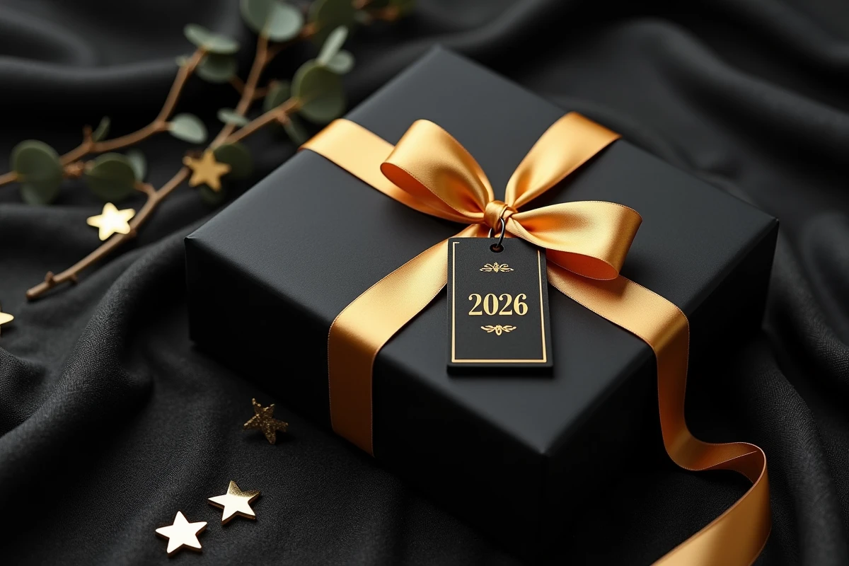 Boîte cadeau luxueuse emballée en noir et or pour les vœux du Nouvel An 2026