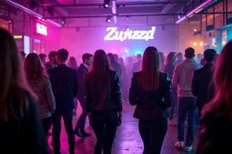 Groupe de jeunes adultes faisant la fête dans une boîte de nuit à Lille avec décor industriel et ambiance colorée