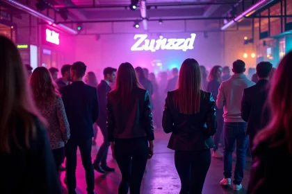 Groupe de jeunes adultes faisant la fête dans une boîte de nuit à Lille avec décor industriel et ambiance colorée