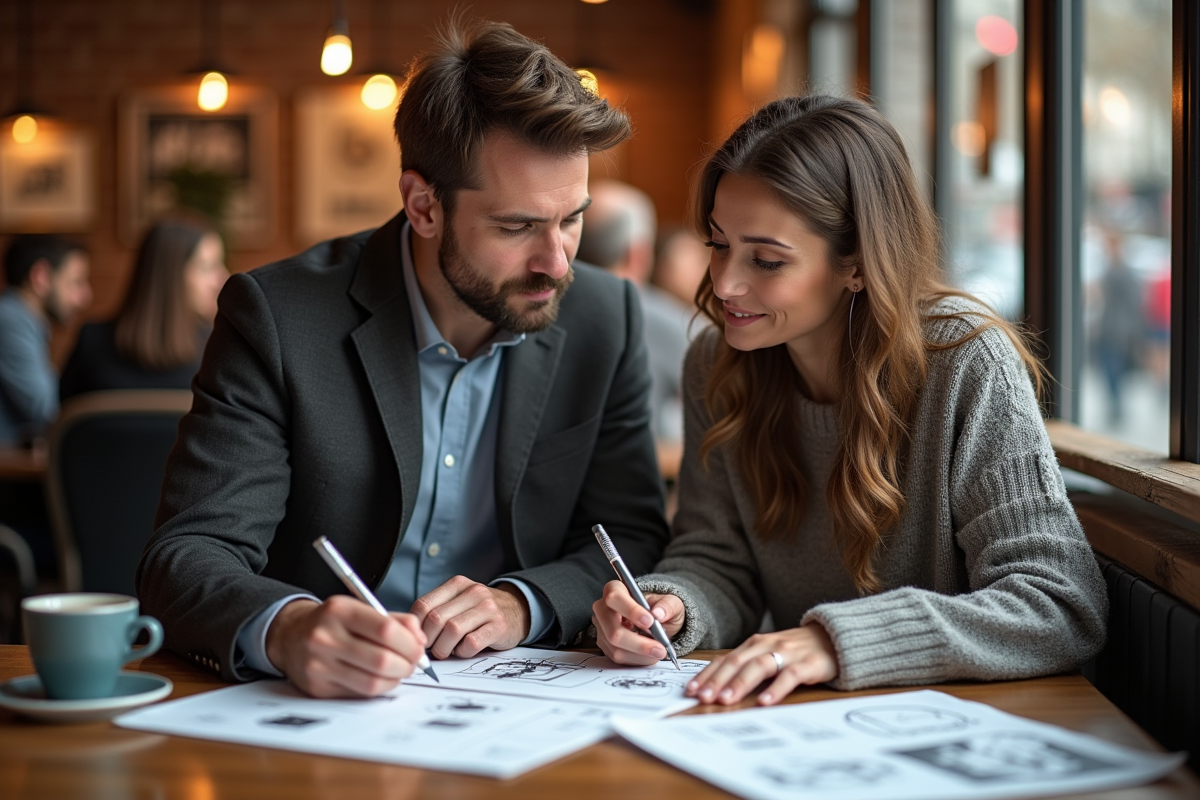 Deux marketeurs créatifs esquissant des idées dans un café