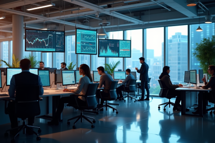 Bureau moderne avec équipe analysant des données financières