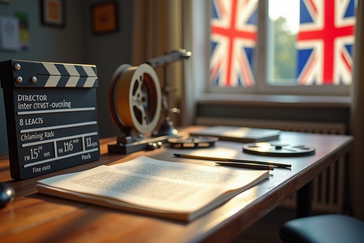 Espace de travail de réalisateur avec clap de cinéma et bobines