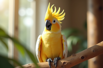 Cacatoès coloré perché sur une branche en intérieur lumineux