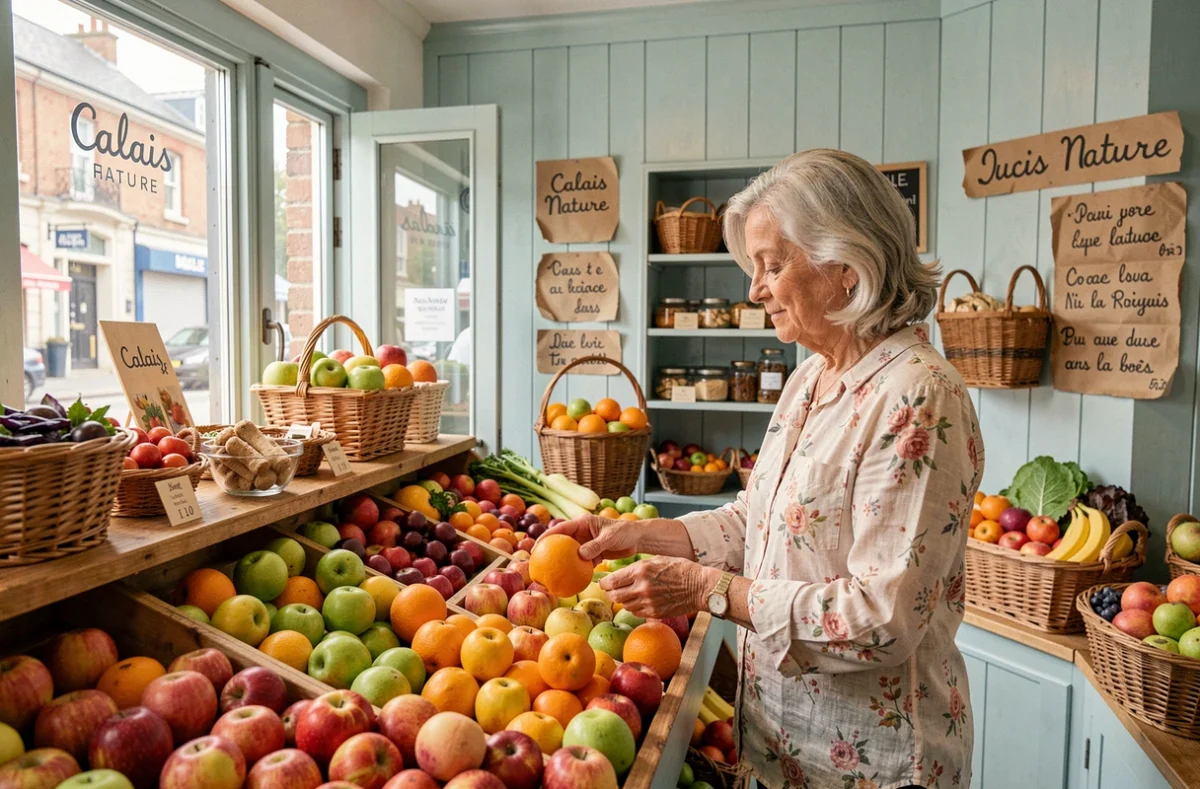 Femme choisissant des fruits biologiques frais à l'entrée du magasin Calais Nature à Calais