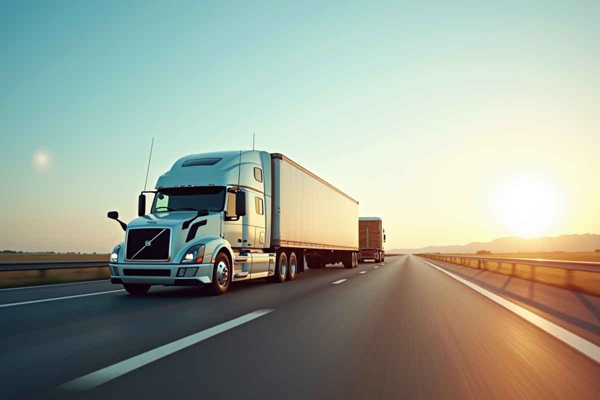 Camion avec semi-remorque roulant sur l