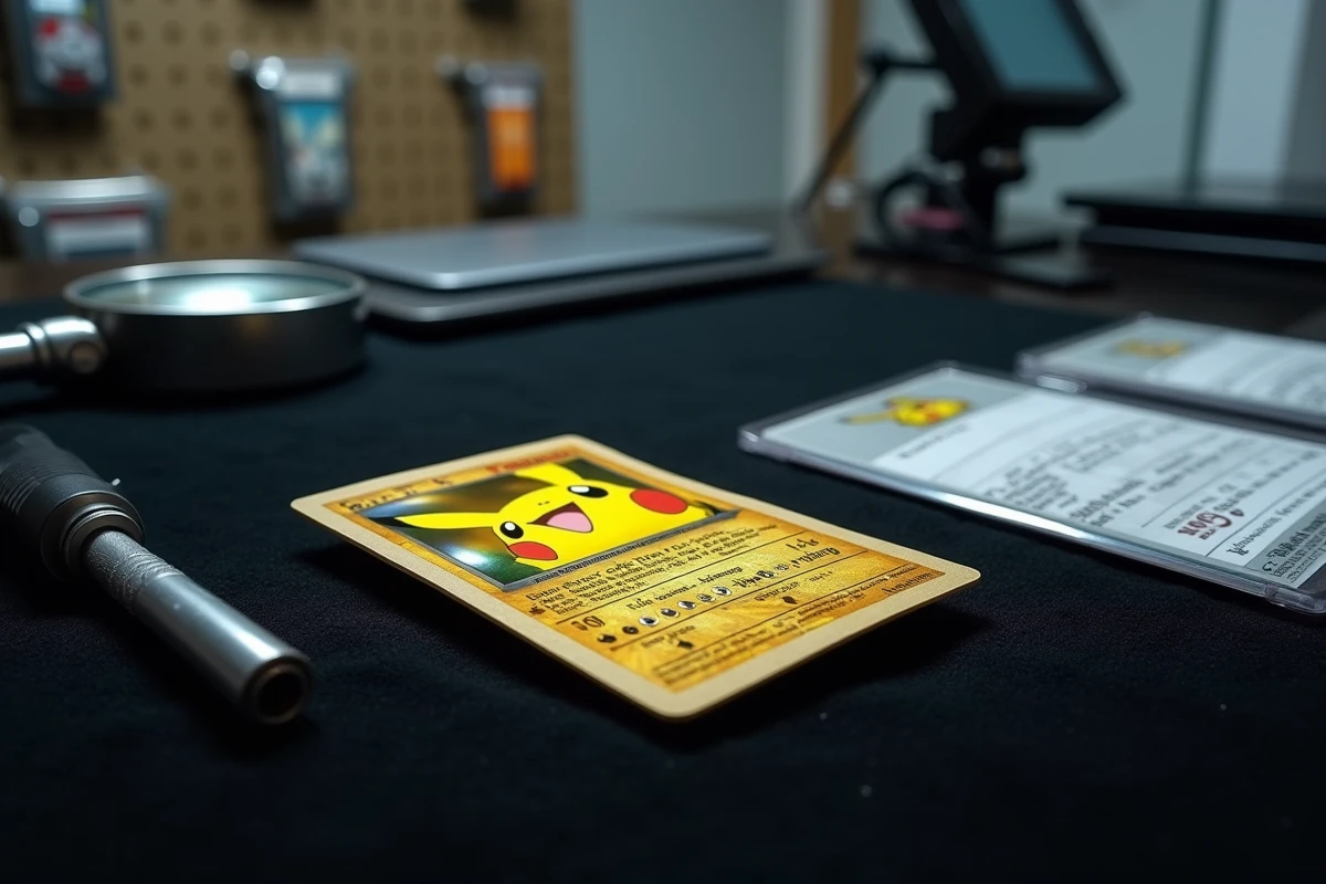Carte Pikachu ex Étincelles Déferlantes posée sur velours avec loupe et guide de cotation pour estimation