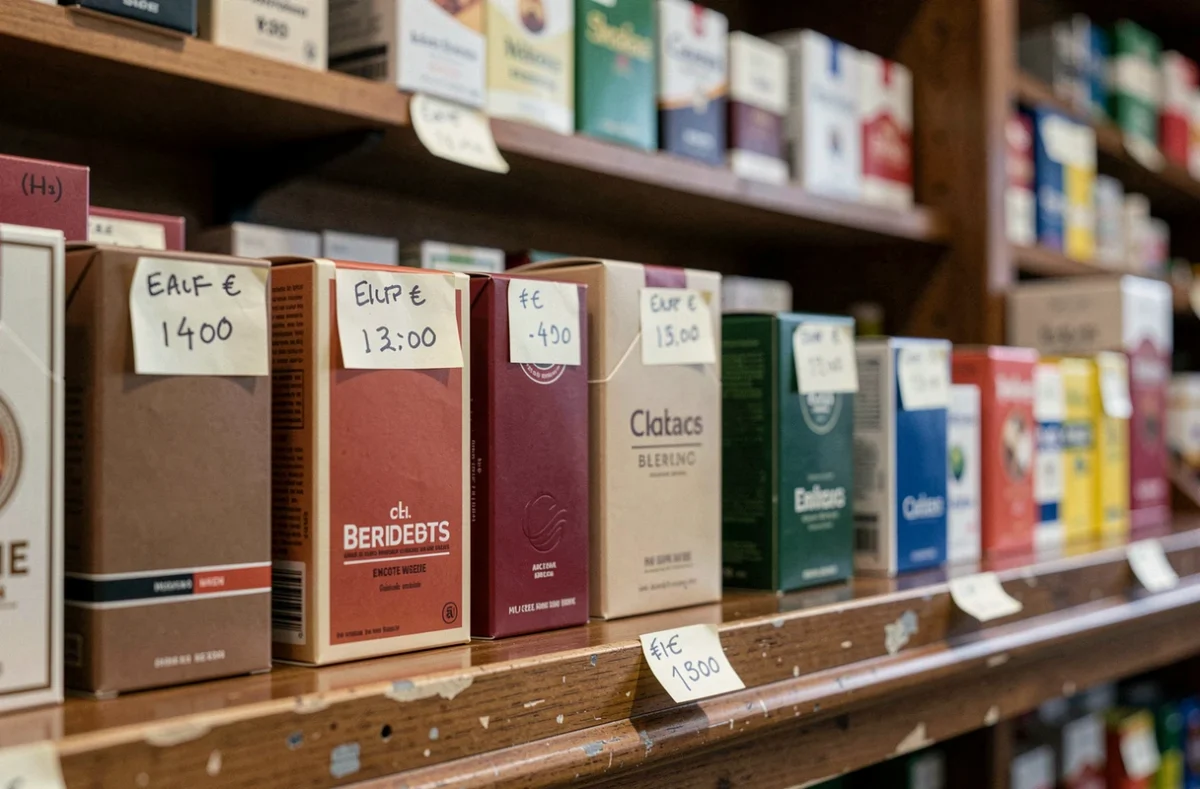 Rangée de cartouches de cigarettes avec étiquettes de prix en euros dans un bureau de tabac traditionnel