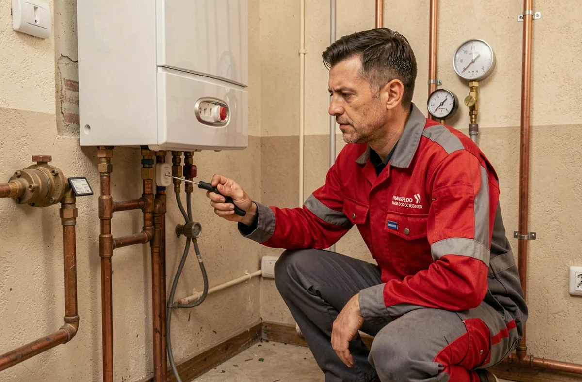 Technicien de Chauffage Landivisien vérifiant les connexions électriques d'une chaudière murale en Finistère