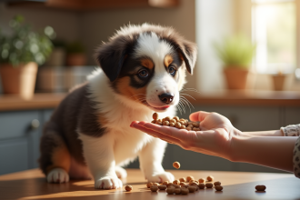 Chiot Australian Shepherd nourri à la main dans une cuisine lumineuse