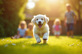 Chiot retriever blanc courant dans un jardin ensoleille