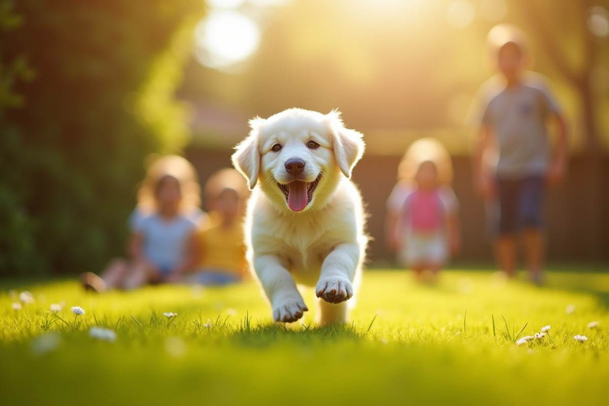 Chiot retriever blanc courant dans un jardin ensoleille
