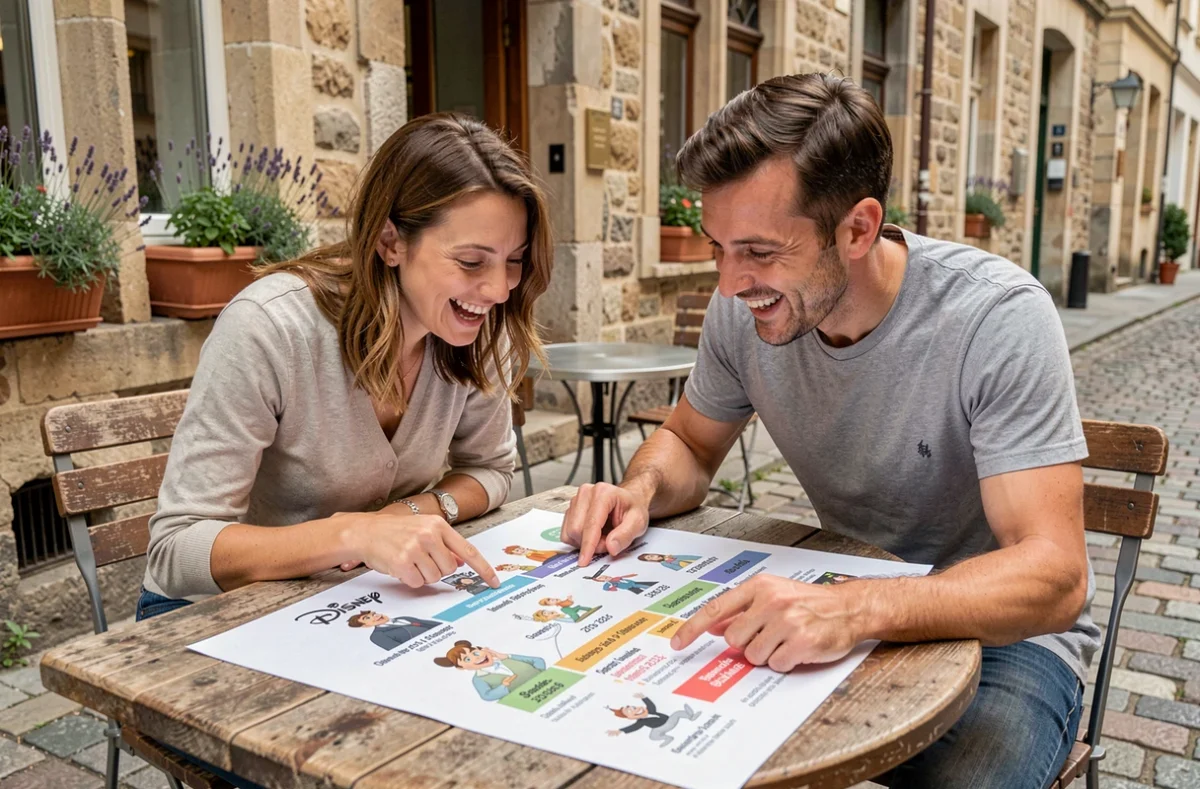 Deux amis étudiant une chronologie complète des films Disney et animations de 1930 à 2026 dans un café en plein air