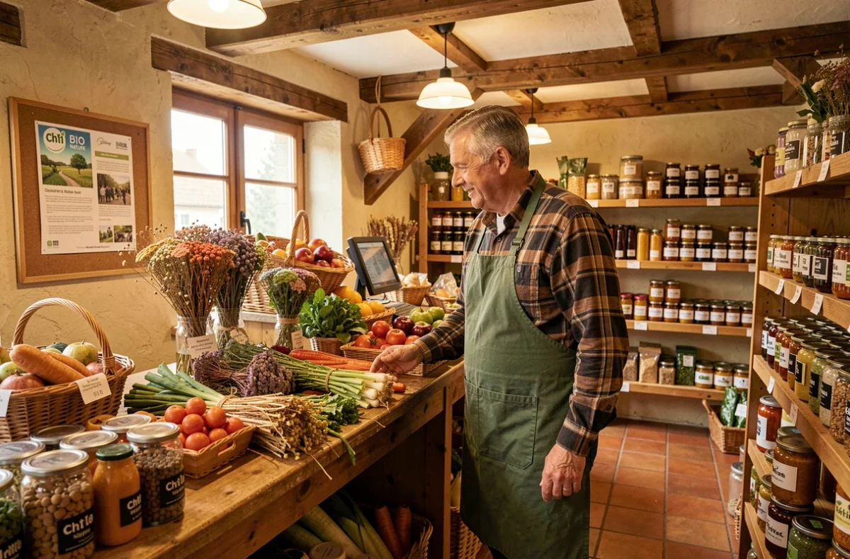 Vendeur accueillant un client au comptoir en bois entouré de produits régionaux bio chez Ch'ti Bio Nature à Nieppe