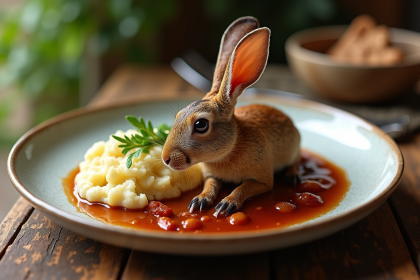 Civet de lapin bien présenté avec sauce riche sur une table en bois