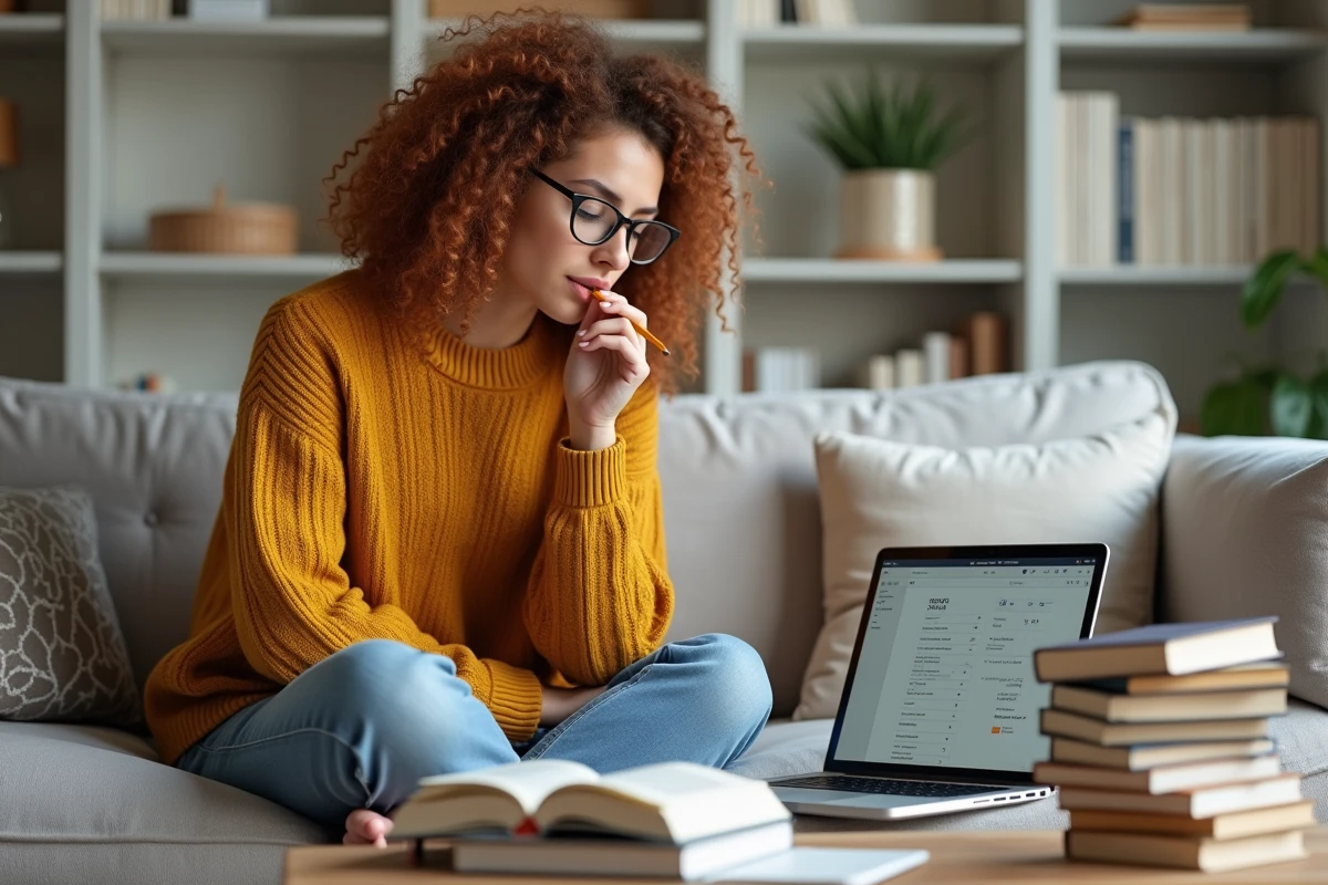 Jeune femme classant et recherchant ses lectures sur un logiciel de gestion de bibliothèque personnelle