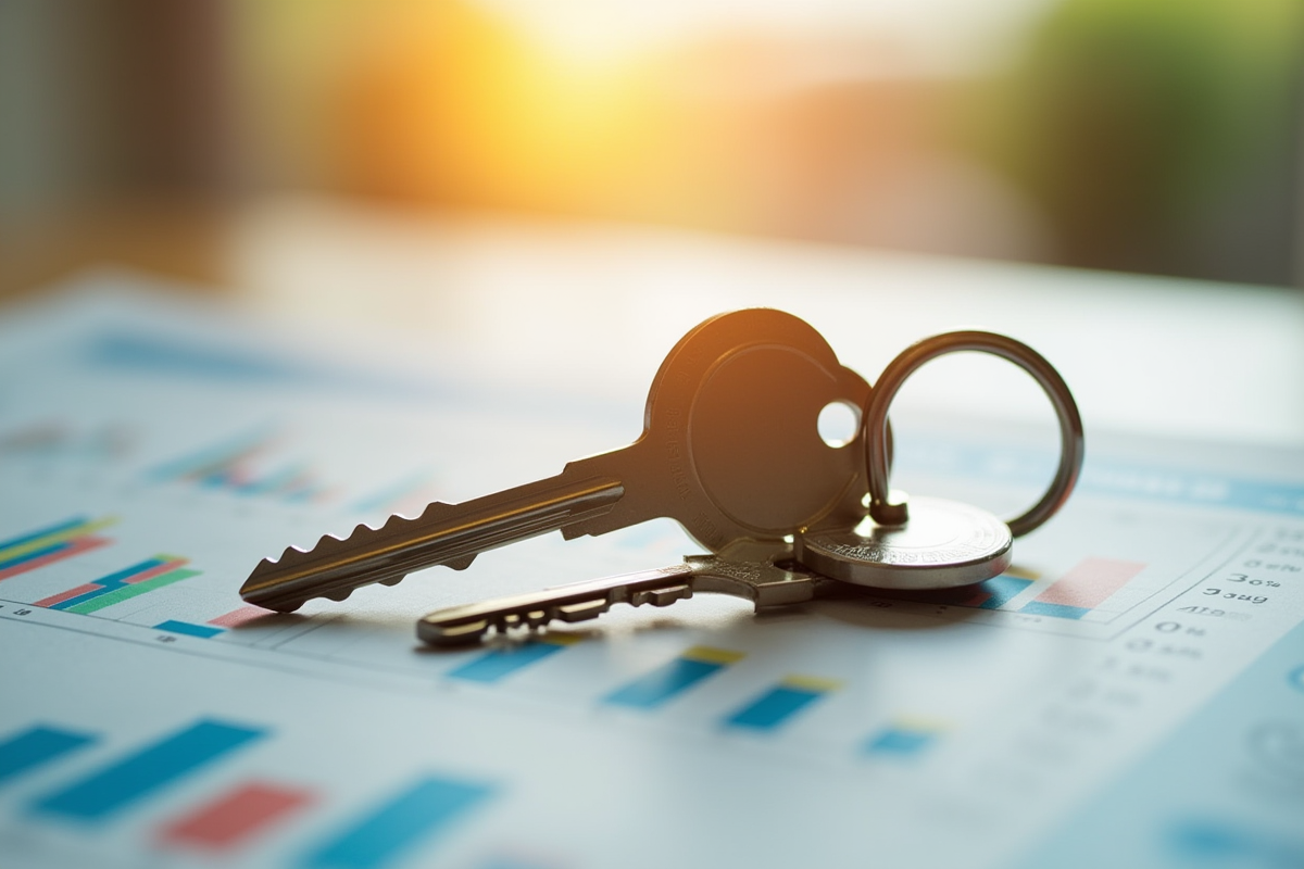 Clé de maison moderne sur journal financier avec graphiques