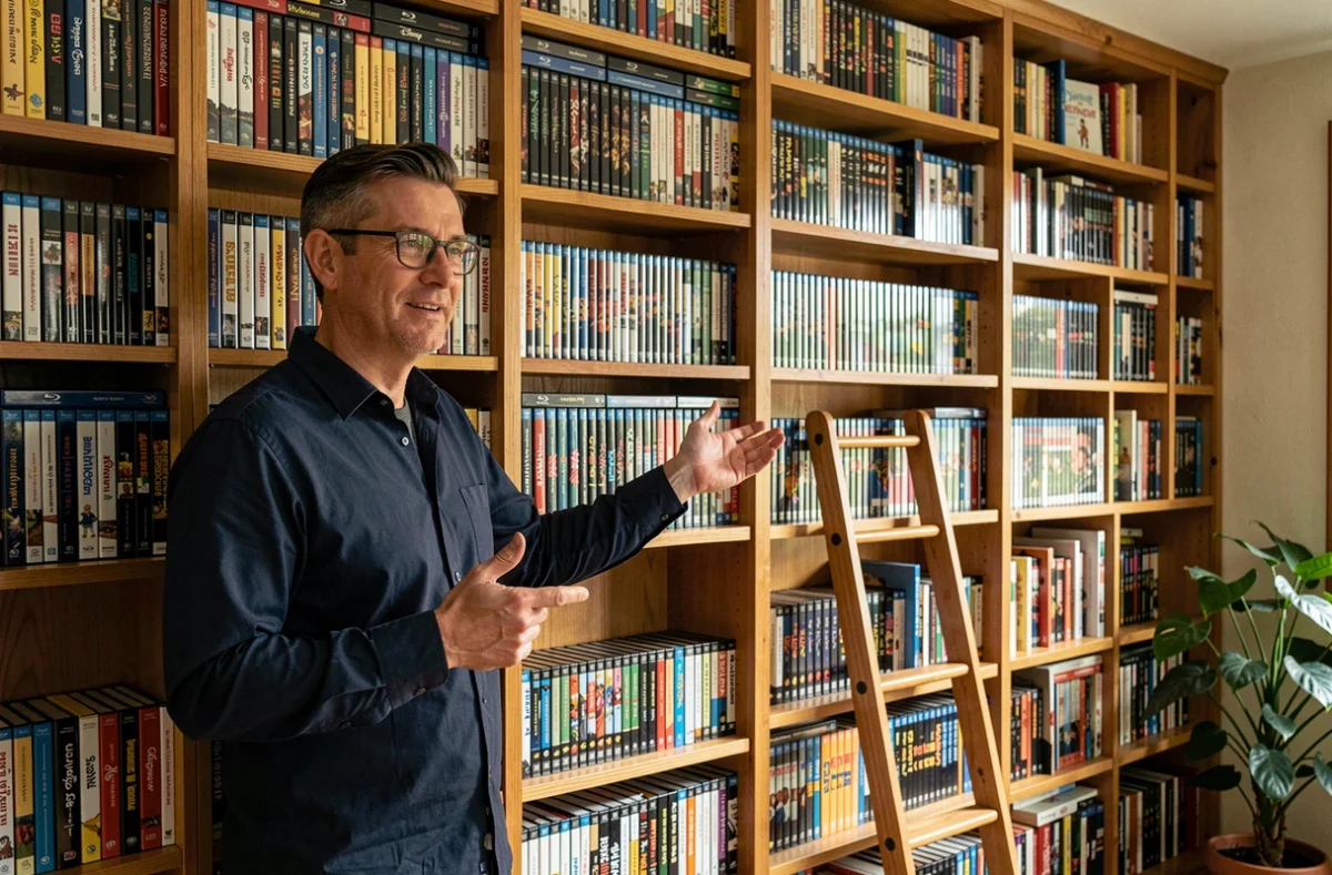 Homme devant une bibliothèque remplie de films Disney en Blu-ray et VHS classés par ordre chronologique
