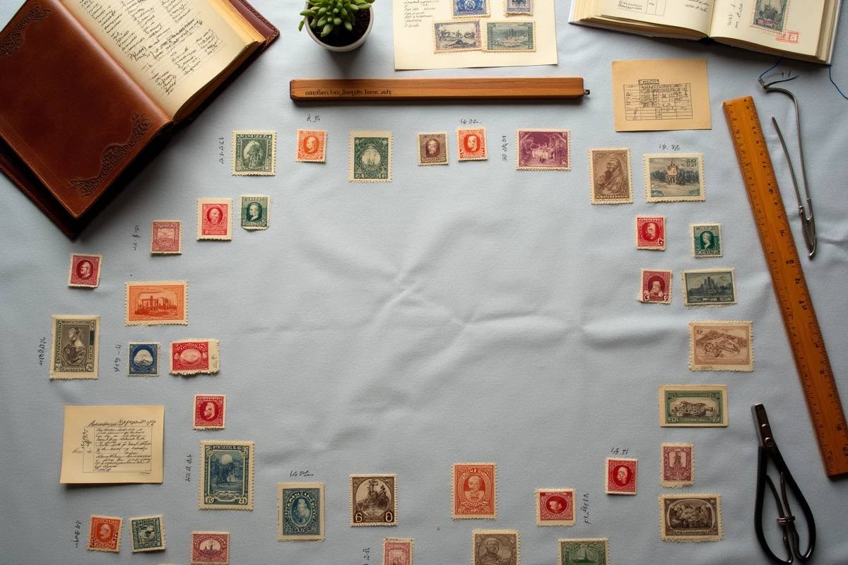 Vue aérienne d'une collection de timbres rares organisée en rangées sur du lin gris avec album philatélique et feuilles d'évaluation