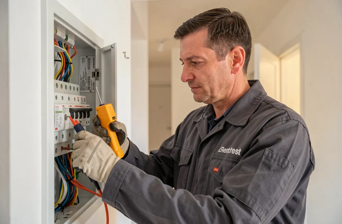 Technicien de COM Électricien Brest intervenant sur un tableau électrique dans un appartement
