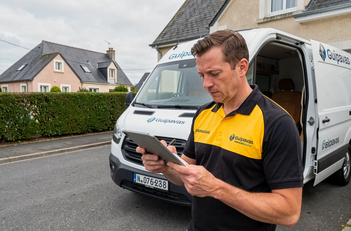 Électricien de Compao Électricien Guipavas consultant une tablette devant son véhicule utilitaire à Guipavas