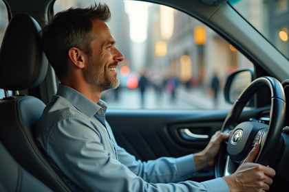 Homme conducteur souriant accueillant une passagère entrant dans une voiture moderne en ville